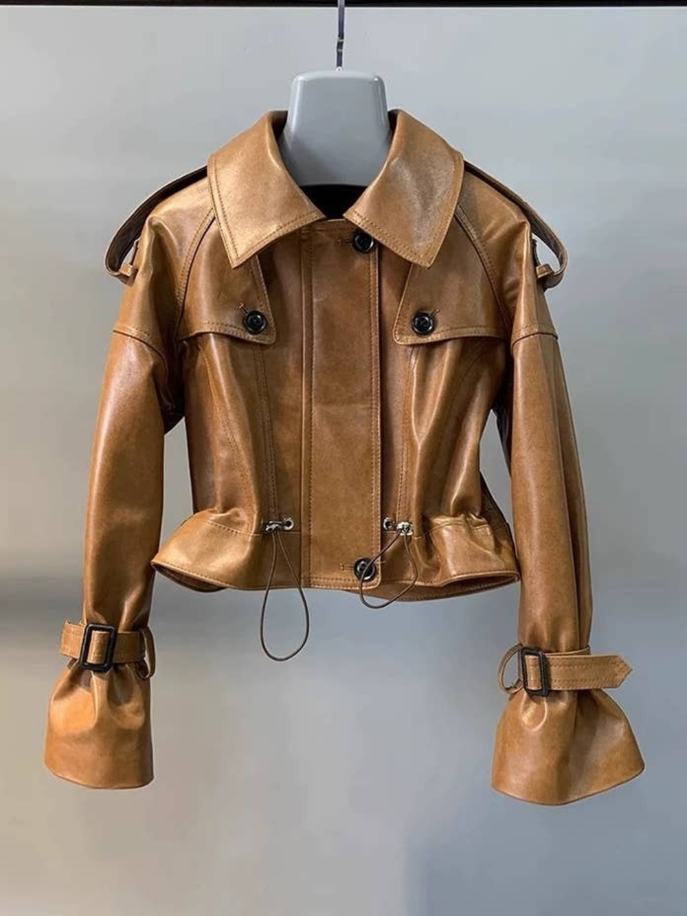 Cognac Brown Sheepskin Leather Cropped Jacket with Buckle Cuffs